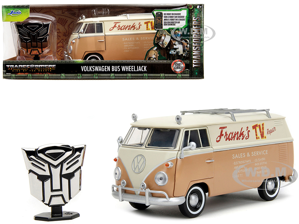 Volkswagen Bus WheelJack Tan and Beige Franks TV Repair and Transformers Logo Diecast Statue Transformers: Rise of the Beasts (2023) Movie Hollywood Rides Series 1/24 Diecast Model Car by Jada