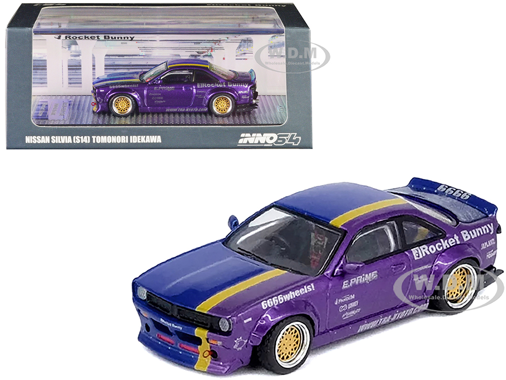 Nissan Silvia (S14) RHD (Right Hand Drive) Blue and Purple Metallic with Yellow Stripe Tomonori Idekawas Rocket Bunny Boss 1/64 Diecast Model Car by Inno Models