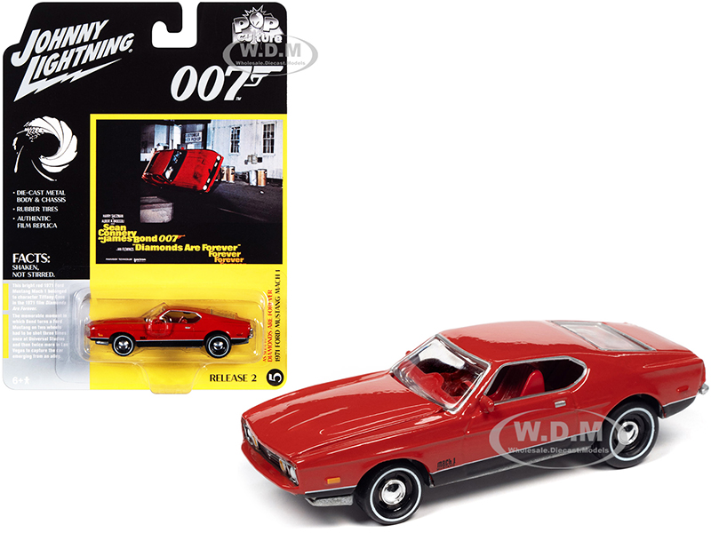 1971 Ford Mustang Mach 1 Bright Red with Black Bottom (James Bond 007) Diamonds Are Forever (1971) Movie Pop Culture Series 1/64 Diecast Model Car by Johnny Lightning