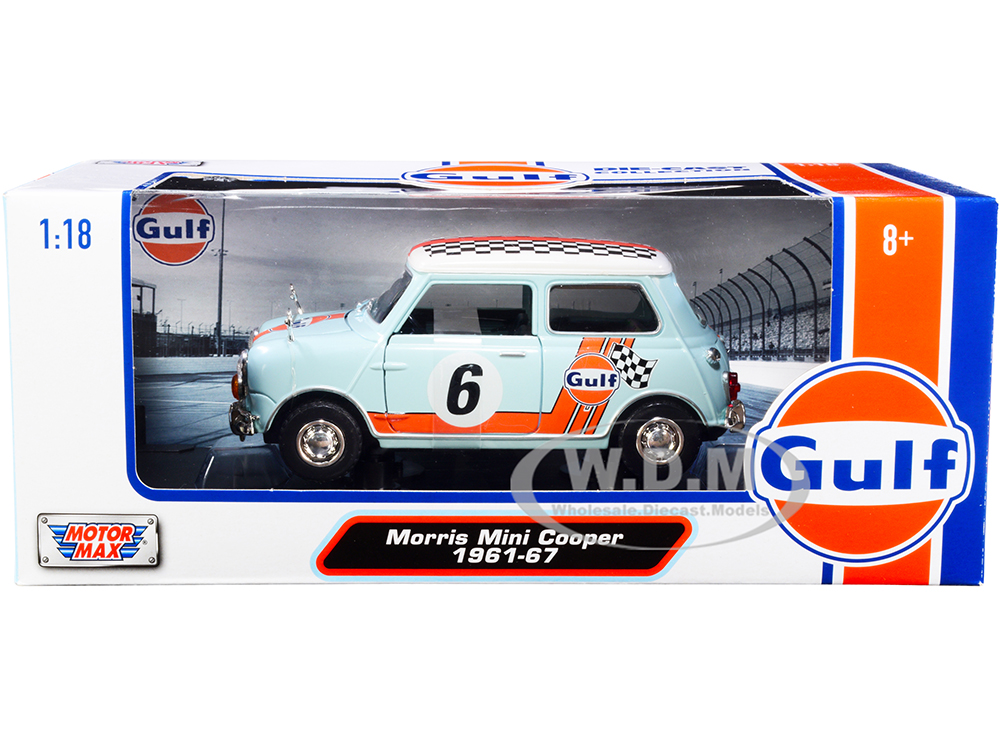 1961-1967 Morris Mini Cooper RHD (Right Hand Drive) 6 "Gulf Oil" Light Blue with Orange Stripes and Checkered Top "City Classics" Series 1/18 Diecast
