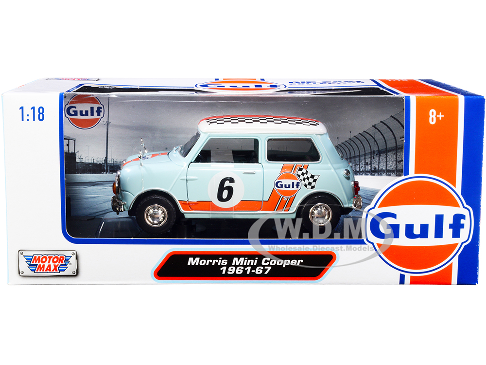 1961-1967 Morris Mini Cooper RHD (Right Hand Drive) #6 Gulf Oil Light Blue with Orange Stripes and Checkered Top City Classics Series 1/18 Diecast Model Car by Motormax