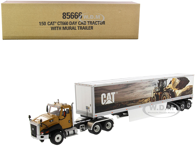 CAT Caterpillar CT660 Day Cab With Caterpillar Mural Dry Van Trailer Transport Series 1/50 Diecast Model By Diecast Masters