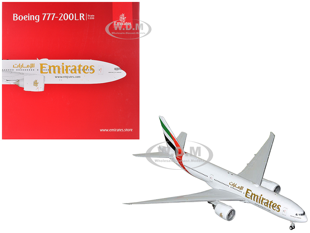 Boeing 777-200LR Commercial Aircraft Emirates Airlines (A6-EWA) White with Striped Tail Gemini 200 Series 1/200 Diecast Model Airplane by GeminiJets