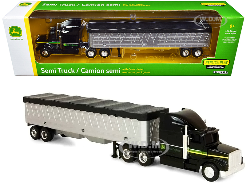 John Deere Semi Truck Tractor with Grain Trailer Black and Silver 1/64 Diecast Model by ERTL TOMY