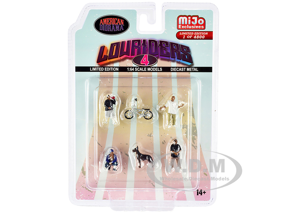 "Lowriders 4" 6 piece Diecast Set (4 Men 1 Dog 1 Bicycle Figures and Accessories) Limited Edition to 4800 pieces Worldwide 1/64 Scale Models by Ameri