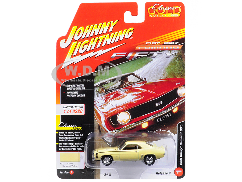 1969 Chevrolet Camaro SS Butternut Yellow 50th Anniversary Limited Edition to 3220pc Worldwide Muscle Cars USA 1/64 Diecast Model Car by Johnny Lightning