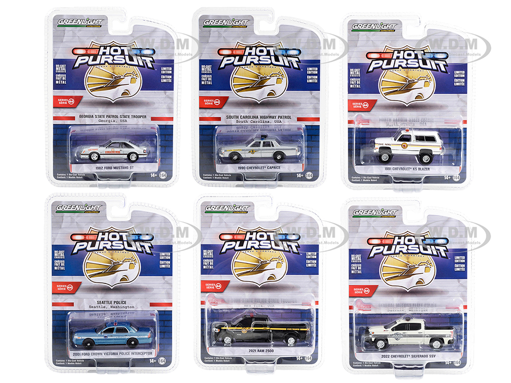 Hot Pursuit Set Of 6 Police Cars Series 44 1/64 Diecast Model Cars By Greenlight