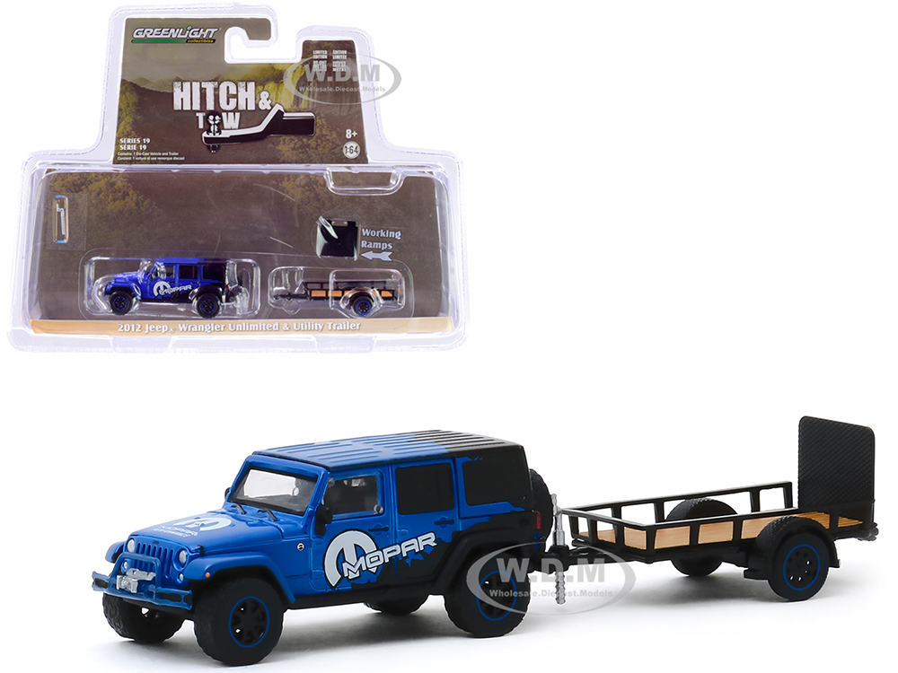 2012 Jeep Wrangler Unlimited "mopar" Off-road Edition Dark Blue And Black And Utility Trailer "hitch & Tow" Series 19 1/64 Diecast Model Car By G