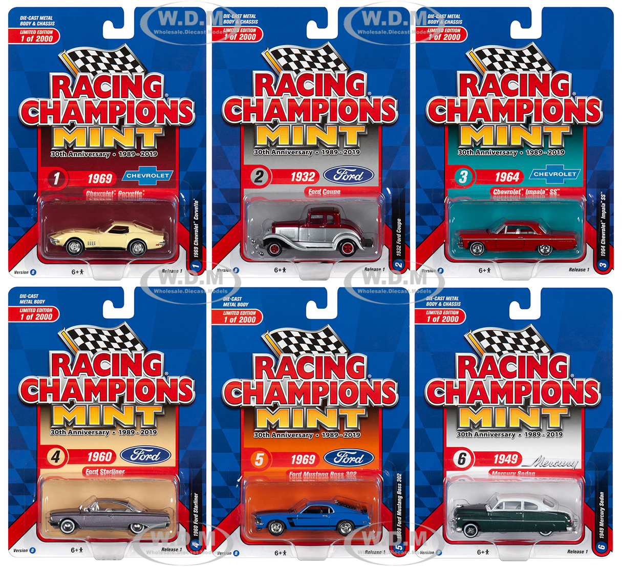 2019 Mint Release 1 Set B of 6 Cars "30th Anniversary" (1989-2019) Limited Edition to 2000 pieces Worldwide 1/64 Diecast Models by Racing Champions