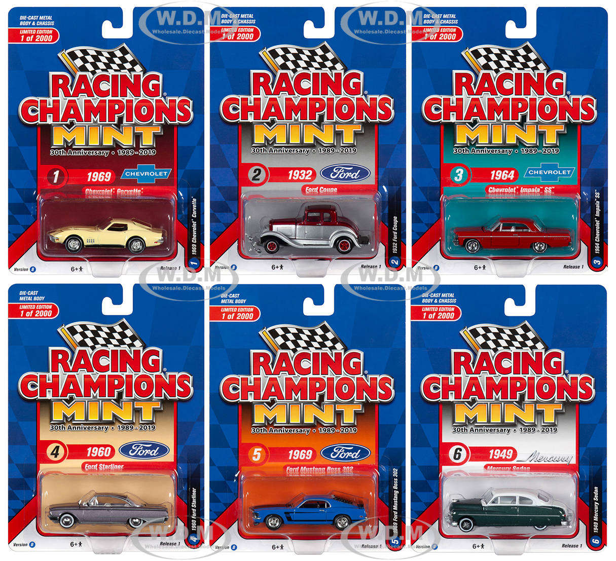 2019 Mint Release 1 Set B Of 6 Cars "30th Anniversary" (1989-2019) Limited Edition To 2000 Pieces Worldwide 1/64 Diecast Models By Racing Champions