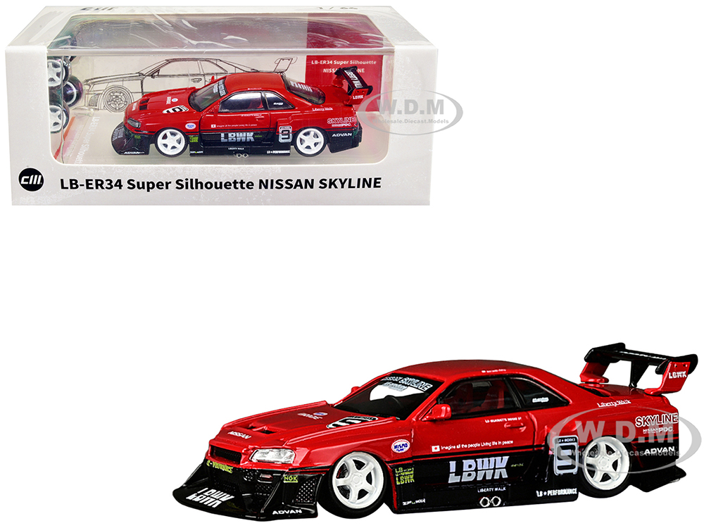 Nissan Skyline LB-ER34 Super Silhouette 9 RHD (Right Hand Drive) "Liberty Walk" Red and Black with Extra Wheels 1/64 Diecast Model Car by CM Models