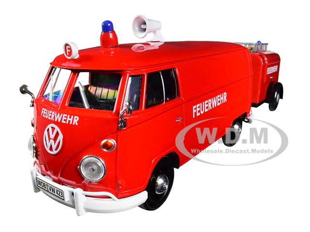 Volkswagen Type 2 (t1) Fire Van With Fire Fighting Trailer "feuerwehr" Red 1/24 Diecast Model Car By Motormax