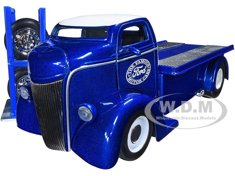 1947 Ford COE Flatbed Truck Dark Blue Metallic with White Top "The Famous Motor Cars" with Extra Wheels "Just Trucks" Series 1/24 Diecast Model by Ja