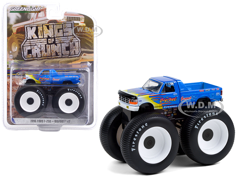 1996 Ford F-250 Monster Truck "Bigfoot 7" Blue with Flames "Bigfoot at Race Rock" "Kings of Crunch" Series 9 1/64 Diecast Model Car by Greenlight