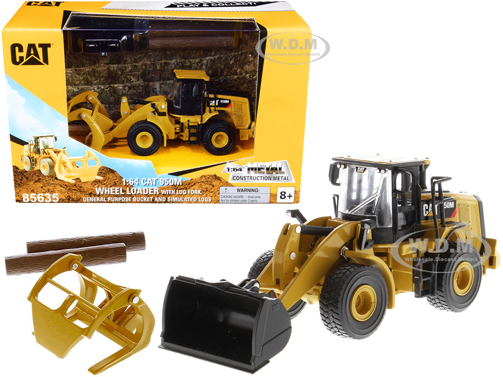 CAT Caterpillar 950M Wheel Loader with Bucket and Log Fork with Two Log Poles "Play &amp; Collect" 1/64 Diecast Model by Diecast Masters