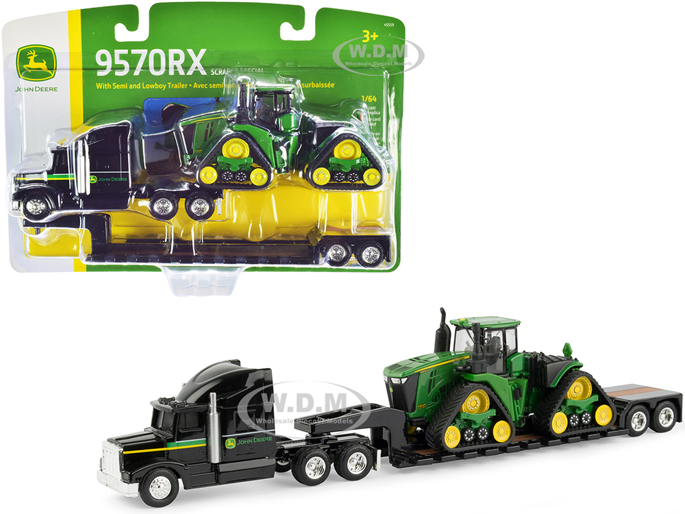 Image of Semi Truck Tractor with Lowboy Trailer and John Deere 9570RX Scraper Special Tractor 1/64 Diecast Models by ERTL TOMY