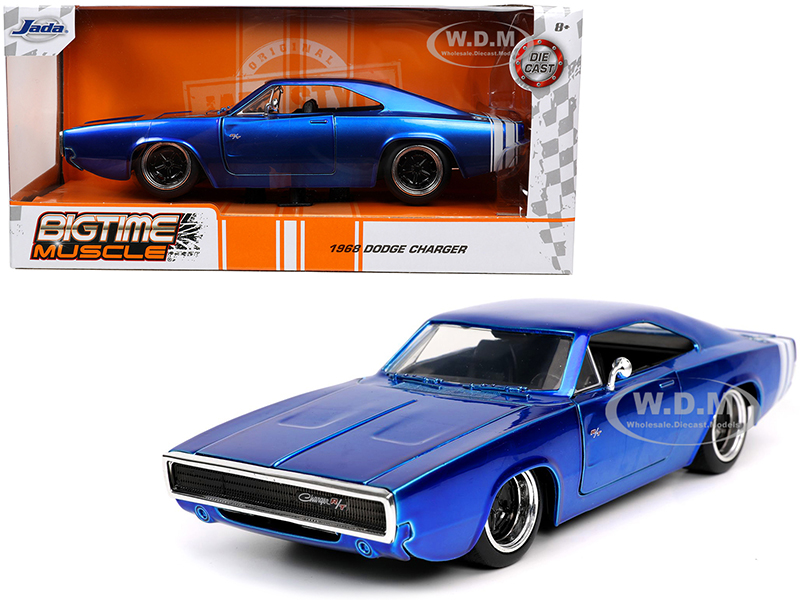Image of 1968 Dodge Charger R/T Candy Blue with White Stripes "Bigtime Muscle" 1/24 Diecast Model Car by Jada