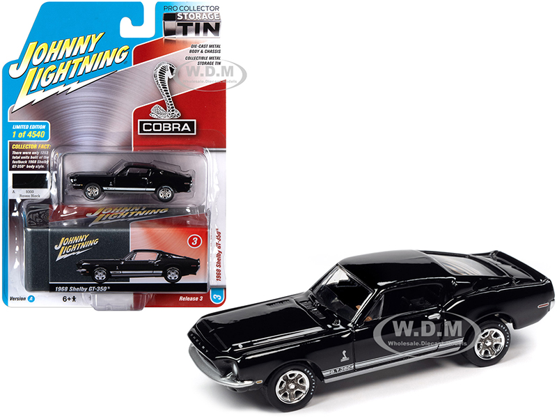 1968 Ford Mustang Shelby GT-350 Raven Black with White Stripes and Collector Tin Limited Edition to 4540 pieces Worldwide 1/64 Diecast Model Car by J