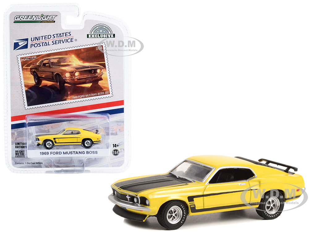 1969 Ford Mustang Boss 302 Yellow with Black Hood and Stripes USPS (United States Postal Service) "2022 Pony Car Stamp Collection" "Hobby Exclusive"