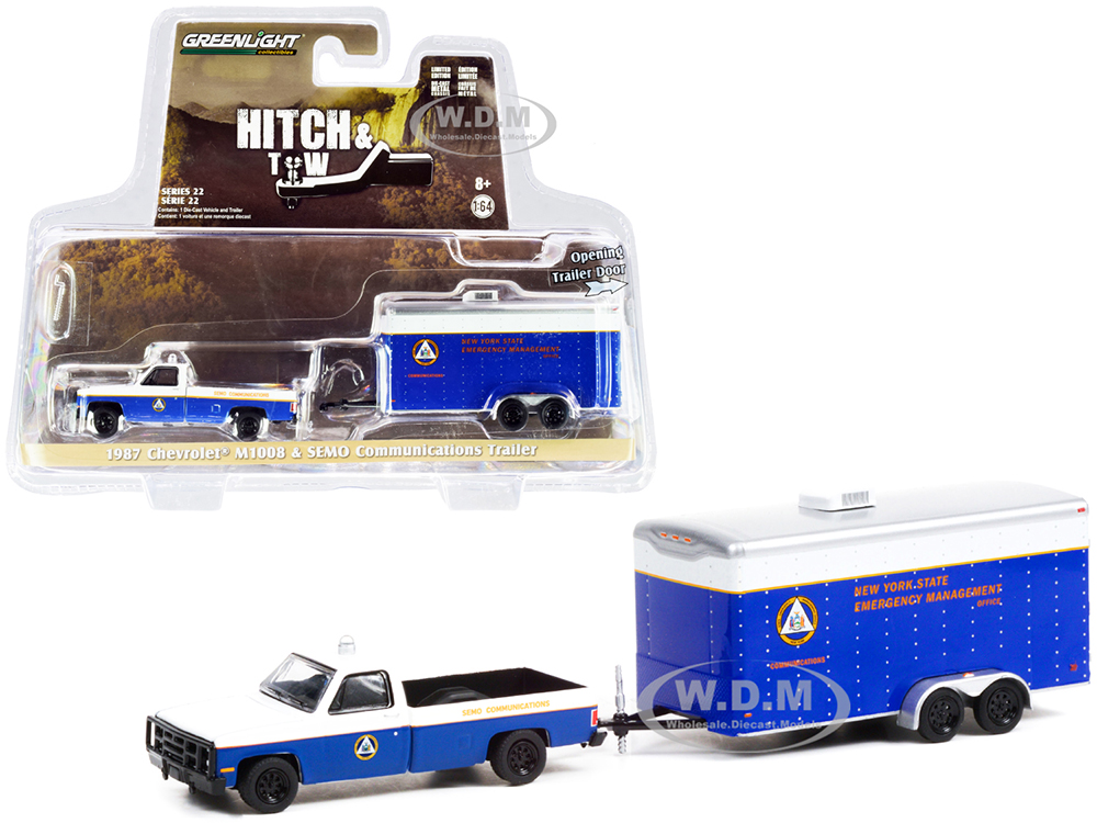 1987 Chevrolet M1008 Pickup Truck Blue and White with Communications Trailer (SEMO) New York State Emergency Management Office Hitch & Tow Series 22 1/64 Diecast Model Car by Greenlight