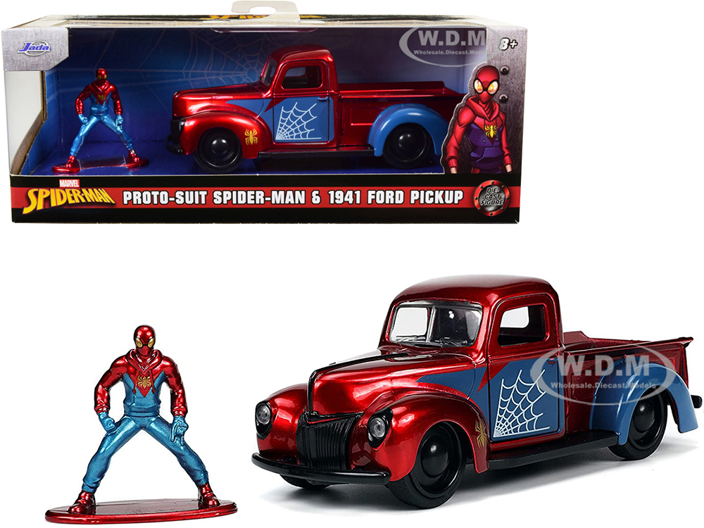 1941 Ford Pickup Truck Candy Red and Blue and Proto-Suit Spider-Man Diecast Figurine "Marvel" Series "Hollywood Rides" Series 1/32 Diecast Model Car