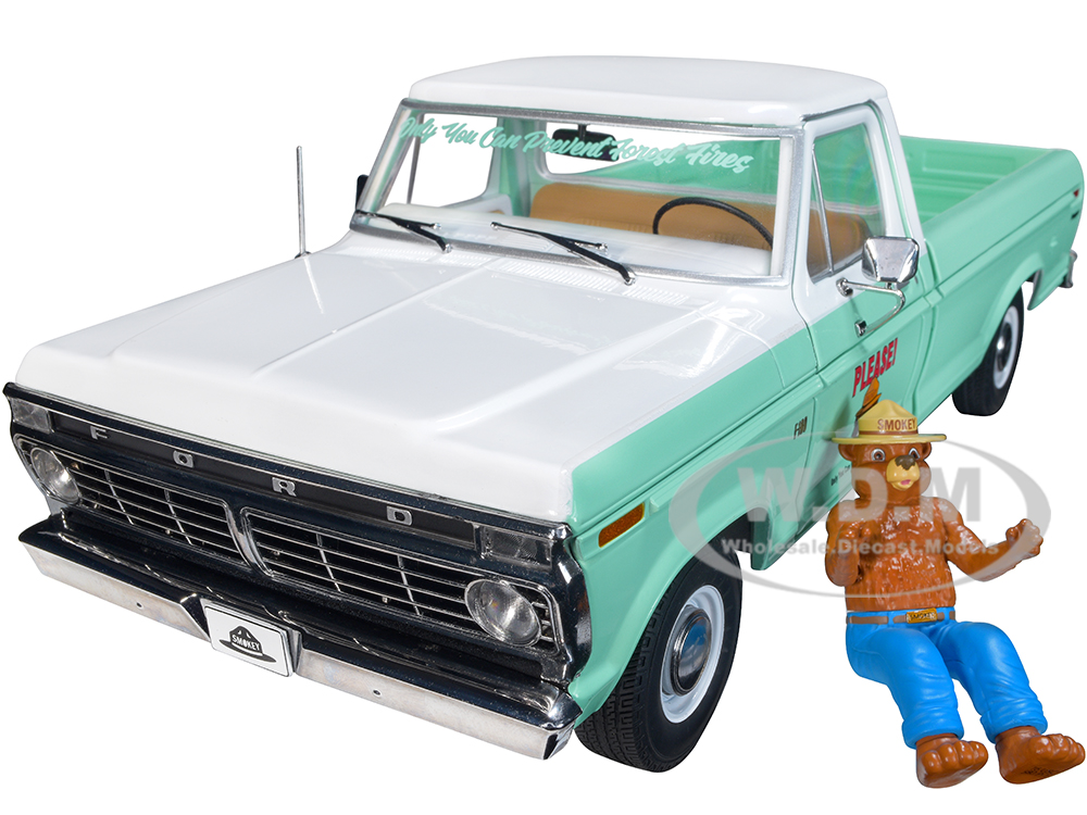 1975 Ford F-100 Pickup Truck Forest Service Green and White with Smokey Bear Figure "Only You Can Prevent Forest Fires" 1/18 Diecast Model Car by Gre
