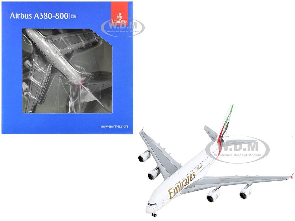 Airbus A380-800 Commercial Aircraft Emirates Airlines White with Tail Stripes 1/400 Diecast Model Airplane by GeminiJets