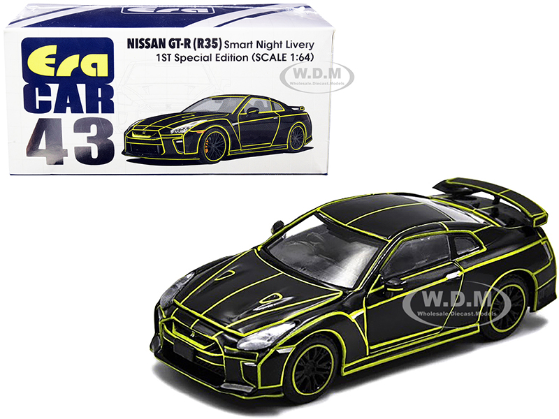 Nissan GT-R (R35) RHD (Right Hand Drive) Smart Night Livery Black with Yellow Stripes 1st Special Edition 1/64 Diecast Model Car by Era Car
