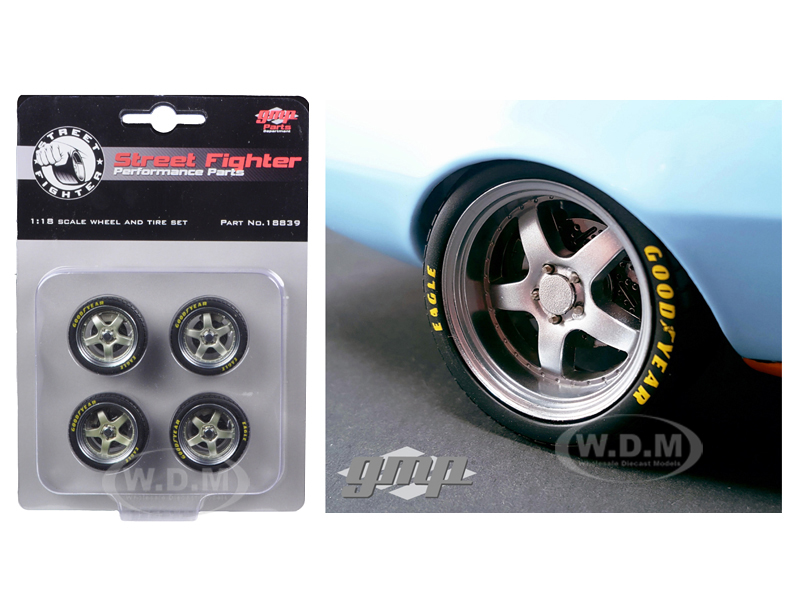 Image of Wheels and Tires Set of 4 "1968 Gulf Oil Chevrolet Camaro Street Fighter Good Year Competition Tires 5 Spoke with Polished Lip" 1/18 by GMP