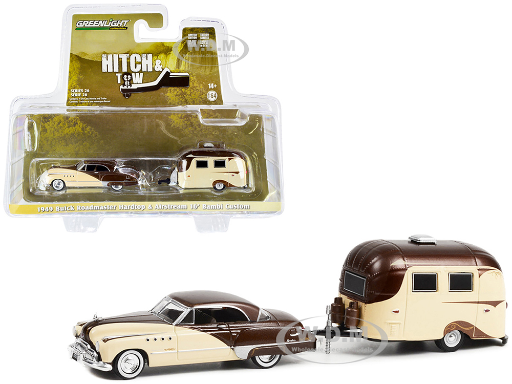 1949 Buick Roadmaster Hardtop Brown and Tan and Airstream 16 Bambi Brown and Tan Hitch &amp; Tow Series 26 1/64 Diecast Model Car by Greenlight
