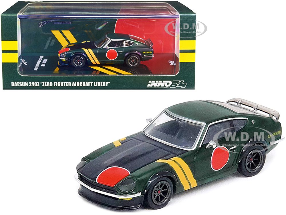 Datsun 240Z "Zero Fighter Aircraft Livery" Matt Green with Yellow Stripes and Graphics 1/64 Diecast Model Car by Inno Models