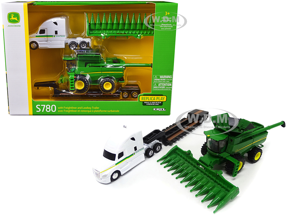 Freightliner Tractor White with Lowboy Trailer and John Deere S780 Wheeled Combine with Corn Head Set of 3 pieces 1/64 Diecast Models by ERTL TOMY