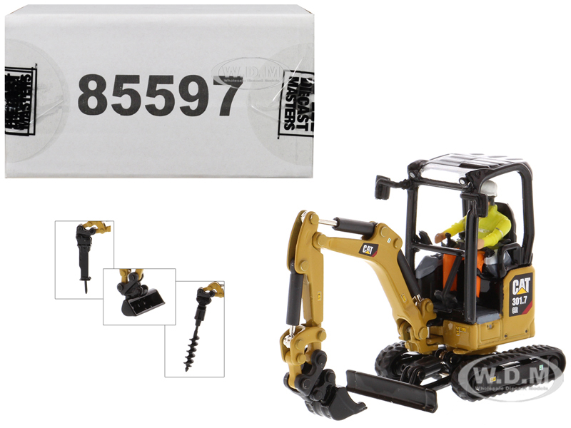 CAT Caterpillar 301.7 CR Next Generation Mini Hydraulic Excavator with Work Tools and Operator "High Line" Series 1/50 Diecast Model by Diecast Maste