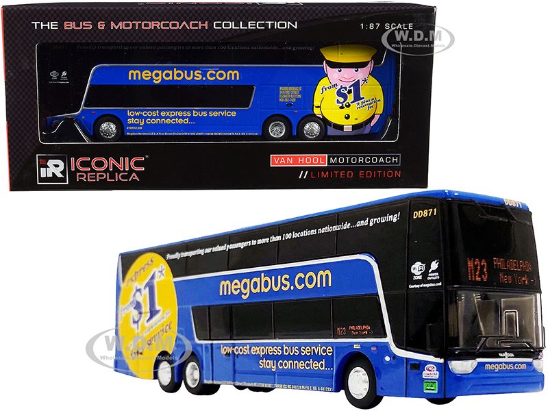 Image of Van Hool TDX Double-Decker Bus Blue M23 "Philadelphia-New York" "MegaBus" "The Bus &amp; Motorcoach Collection" 1/87 (HO) Diecast Model by Iconic Rep
