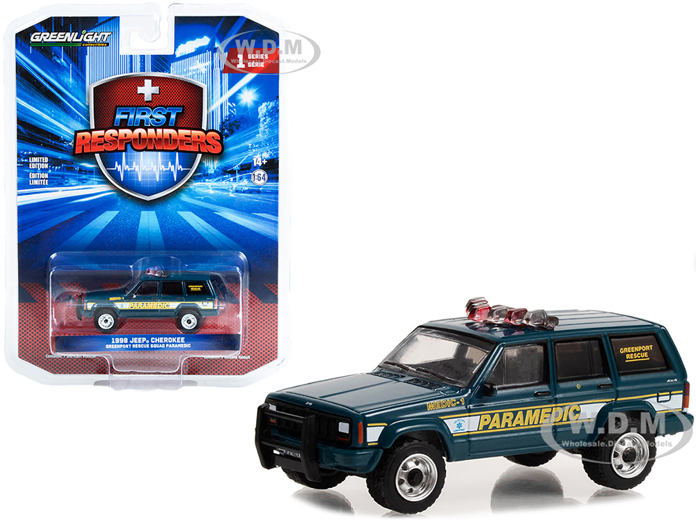 1998 Jeep Cherokee Blue "Greenport Rescue Squad Paramedic Greenport New York" "First Responders" Series 1 1/64 Diecast Model Car by Greenlight