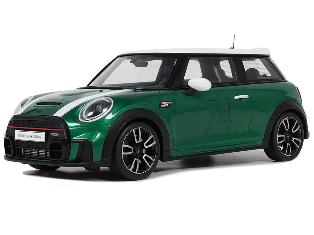 2023 Mini Cooper F56 JCW #74 British Racing Green with White Top and Stripes 1/18 Model Car by Otto Mobile