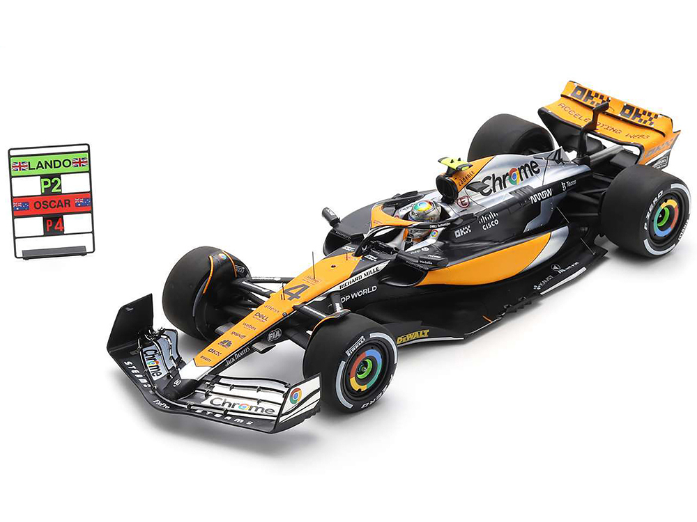 McLaren MCL60 #4 Lando Norris Chrome 2nd Place Formula One F1 British GP (2023) and Acrylic Display Case and Pit Board 1/18 Model Car by Spark