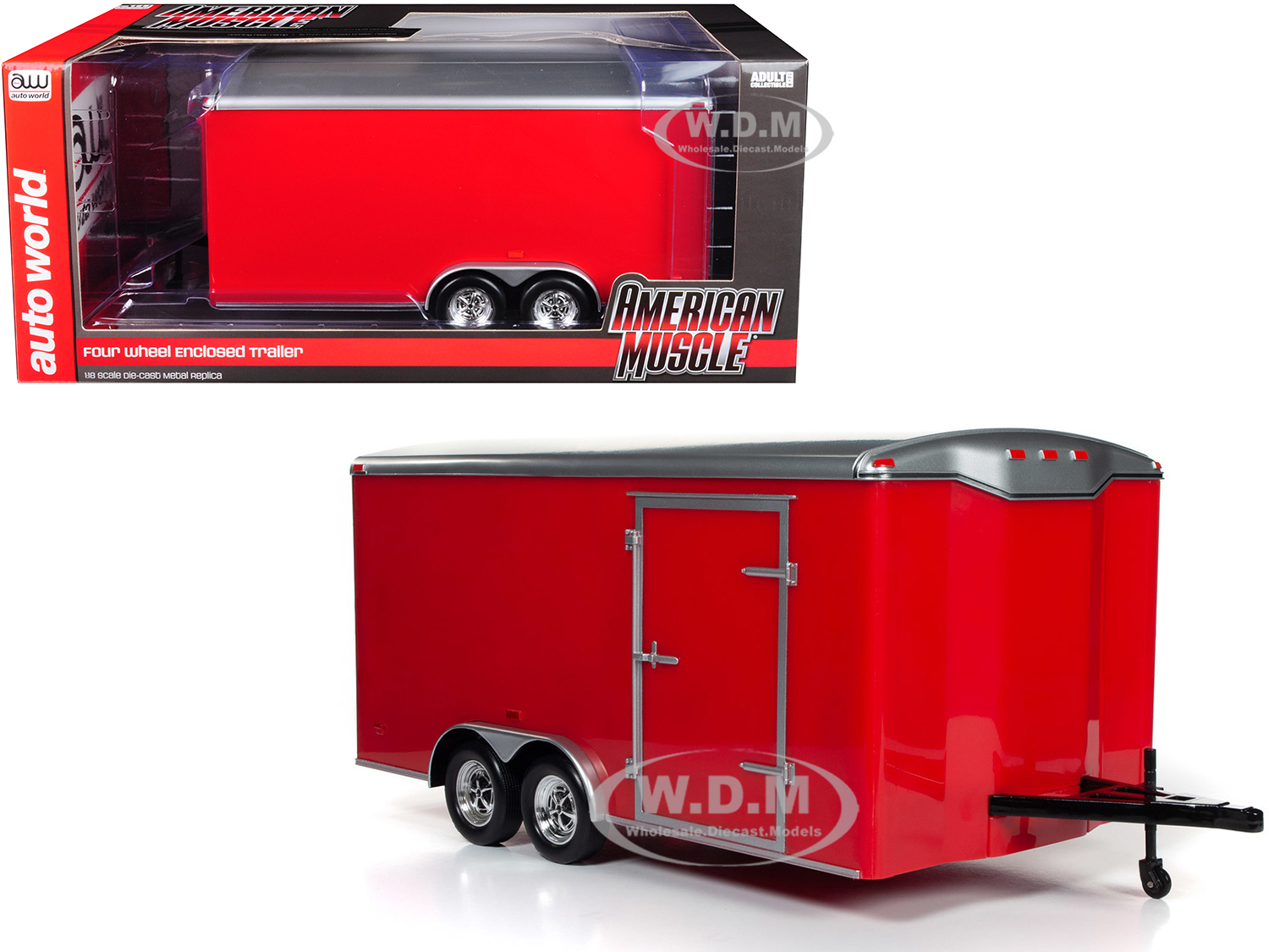 Four Wheel Enclosed Trailer Red With Silver Top For 1/18 Scale Model Cars By Autoworld