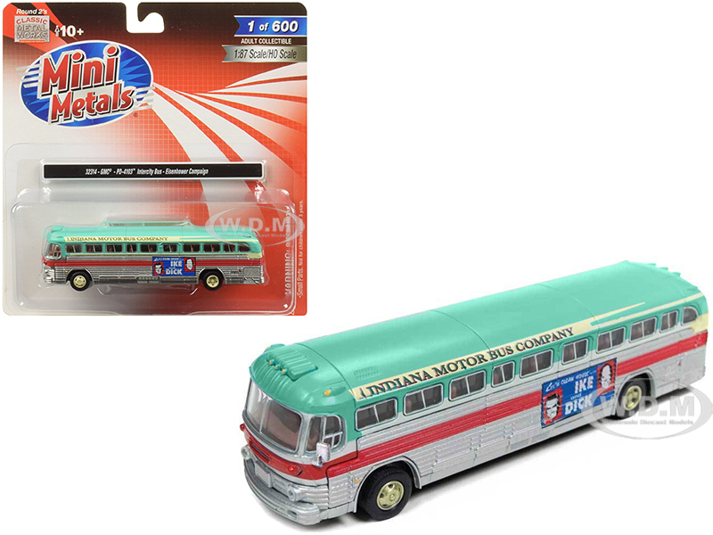 Image of GMC PD-4103 Intercity Bus (Indiana Motor Bus Company) "Eisenhower Campaign" 1/87 (HO) Scale Model by Classic Metal Works