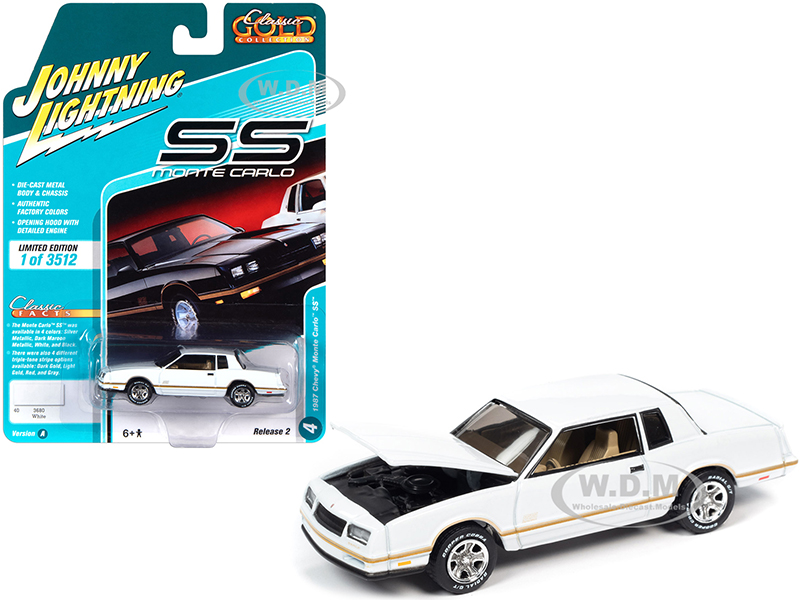 Image of 1987 Chevrolet Monte Carlo SS White with Gold Stripes "Classic Gold Collection" Limited Edition to 3512 pieces Worldwide 1/64 Diecast Model Car by Jo