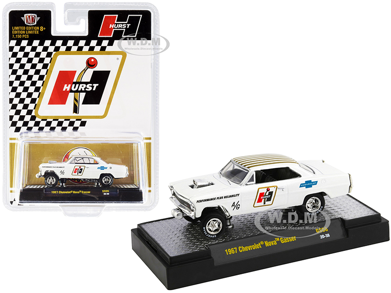Image of 1967 Chevrolet Nova Gasser "Hurst" Pearl White with Gold Stripes Limited Edition to 7150 pieces Worldwide 1/64 Diecast Model Car by M2 Machines