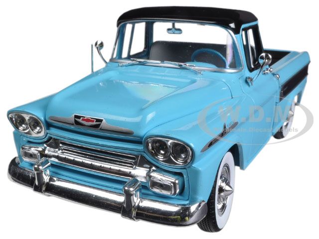 1958 Chevrolet Apache Cameo Pickup Truck Tartan Turquoise with Black Top and Stripes Limited Edition to 5000 pieces Worldwide 1/24 Diecast Model Car