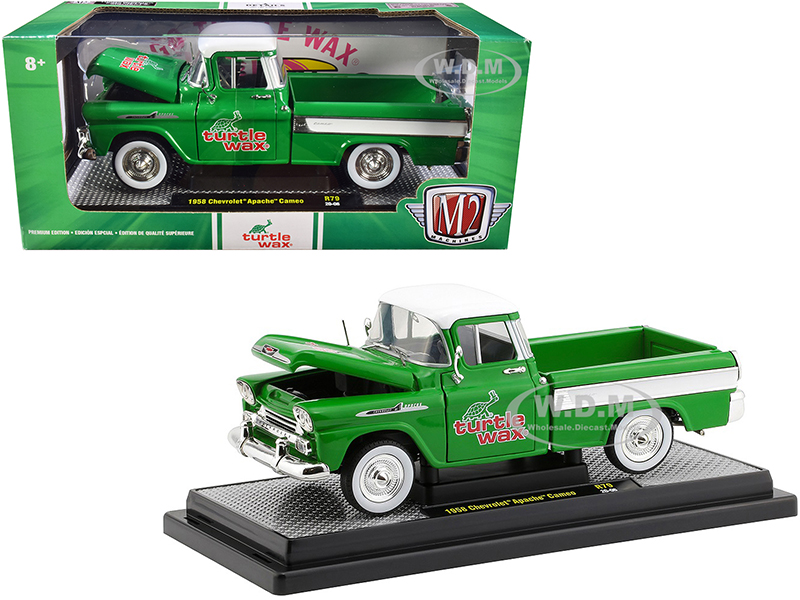 1958 Chevrolet Apache Cameo Pickup Truck Green with White Top and White Stripes Turtle Wax Limited Edition to 6880 pieces Worldwide 1/24 Diecast Model Car by M2 Machines