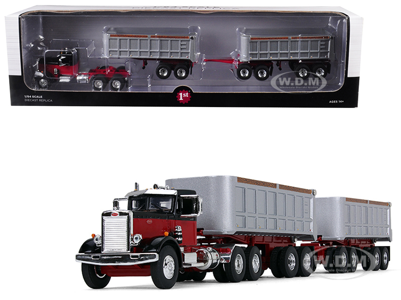 Peterbilt Model 351 Day Cab Black and Red with Dual 22 End Dump Trailers 1/64 Diecast Model by First Gear