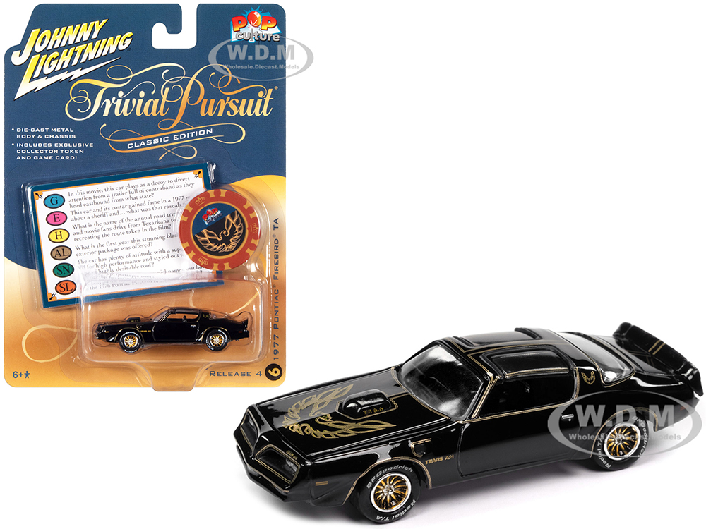 1977 Pontiac Trans Am Black with Gold Eagle Graphic with Poker Chip Collectors Token and Game Card Trivial Pursuit Pop Culture 2022 Release 4 1/64 Diecast Model Car by Johnny Lightning