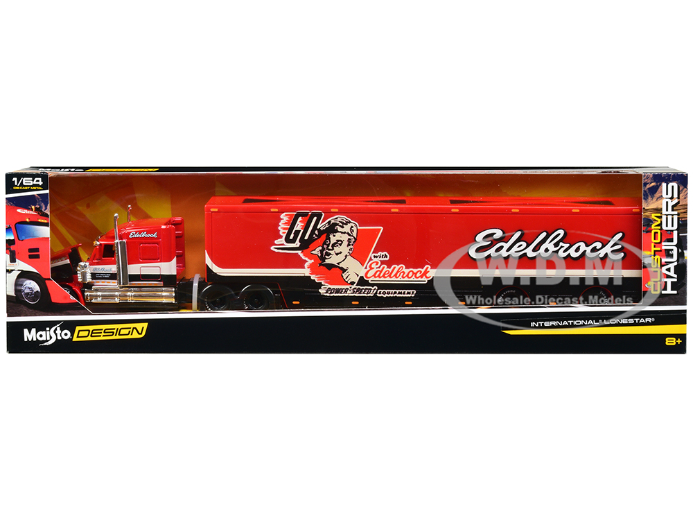 International LoneStar Enclosed Car Transporter "Edelbrock" Red with Black and White Stripes "Custom Haulers" Series 1/64 Diecast Model by Maisto