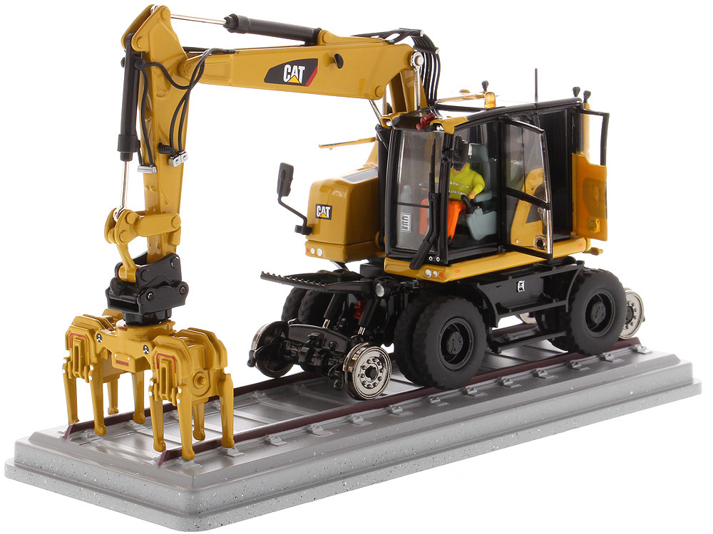 CAT Caterpillar M323F Railroad Wheeled Excavator with Operator and 3 Work Tools (CAT Yellow Version) High Line Series 1/50 Diecast Model by Diecast Masters