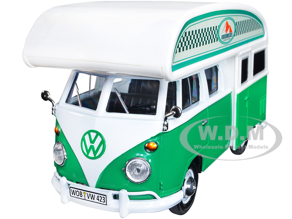 Volkswagen Type 2 (T1) Camper Van Green and White "Outdoor Camping Explore the Forest" 1/24 Diecast Model Car by Motormax