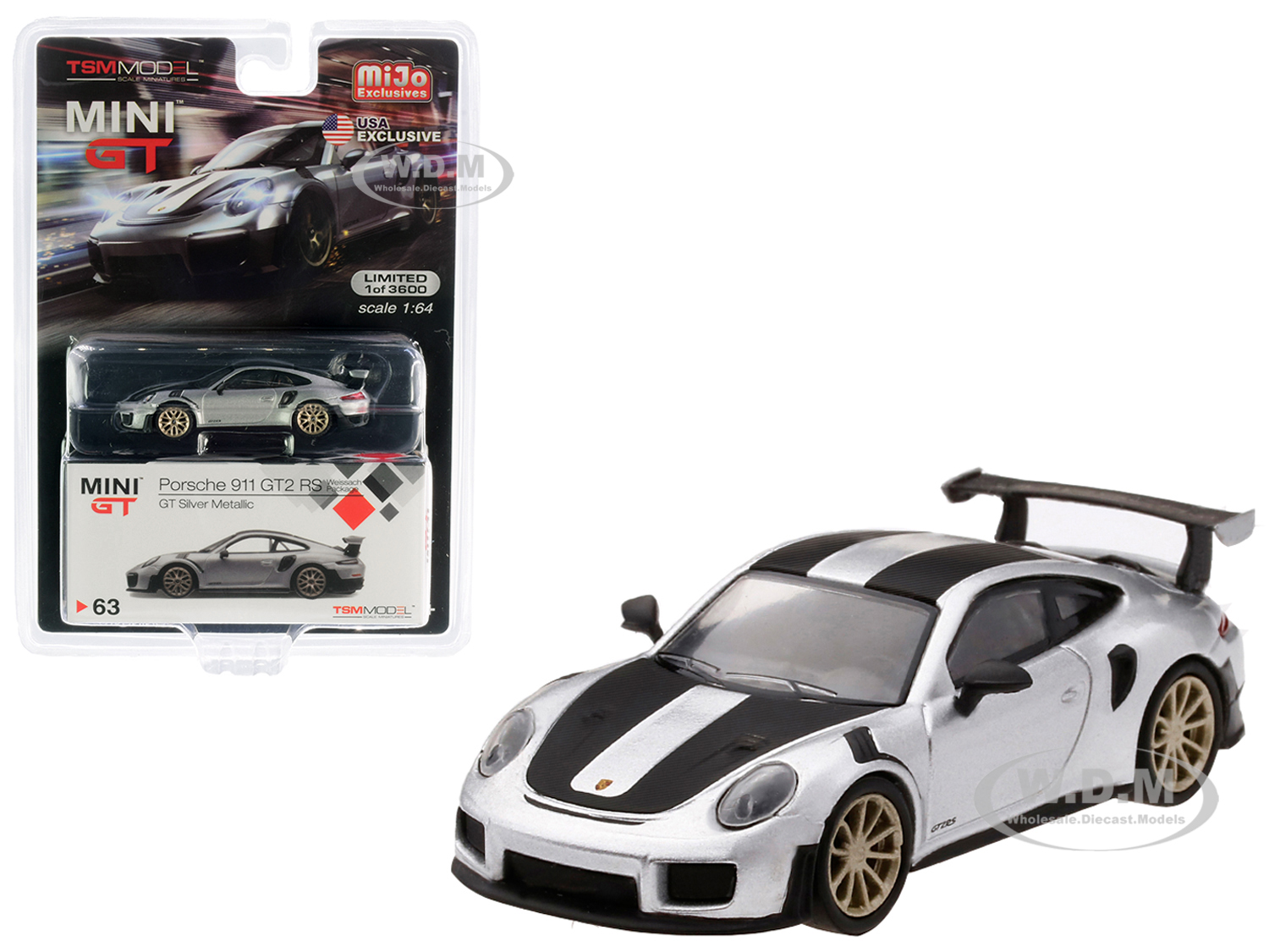 Image of Porsche 911 GT2 RS Weissach Package GT Silver Metallic with Carbon Stripes Limited Edition to 3600 pieces Worldwide 1/64 Diecast Model Car by True Sc