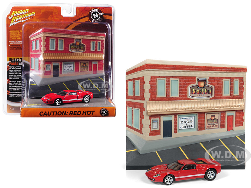 2005 Ford Gt Red With Resin Cafe Front Facade "cars And Coffee" Diorama 1/64 Diecast Model Car By Johnny Lightning
